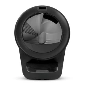 Litter-Robot 5 selbstreinigende Katzentoilette in Schwarz, Vorderansicht mit offenem Eingang und Abfallschublade
