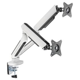 Weiße Ranqer Monitor Arm Dual RGB Monitorhalterung mit zwei gekreuzten Gasfederarmen und schwarzen VESA-Platten